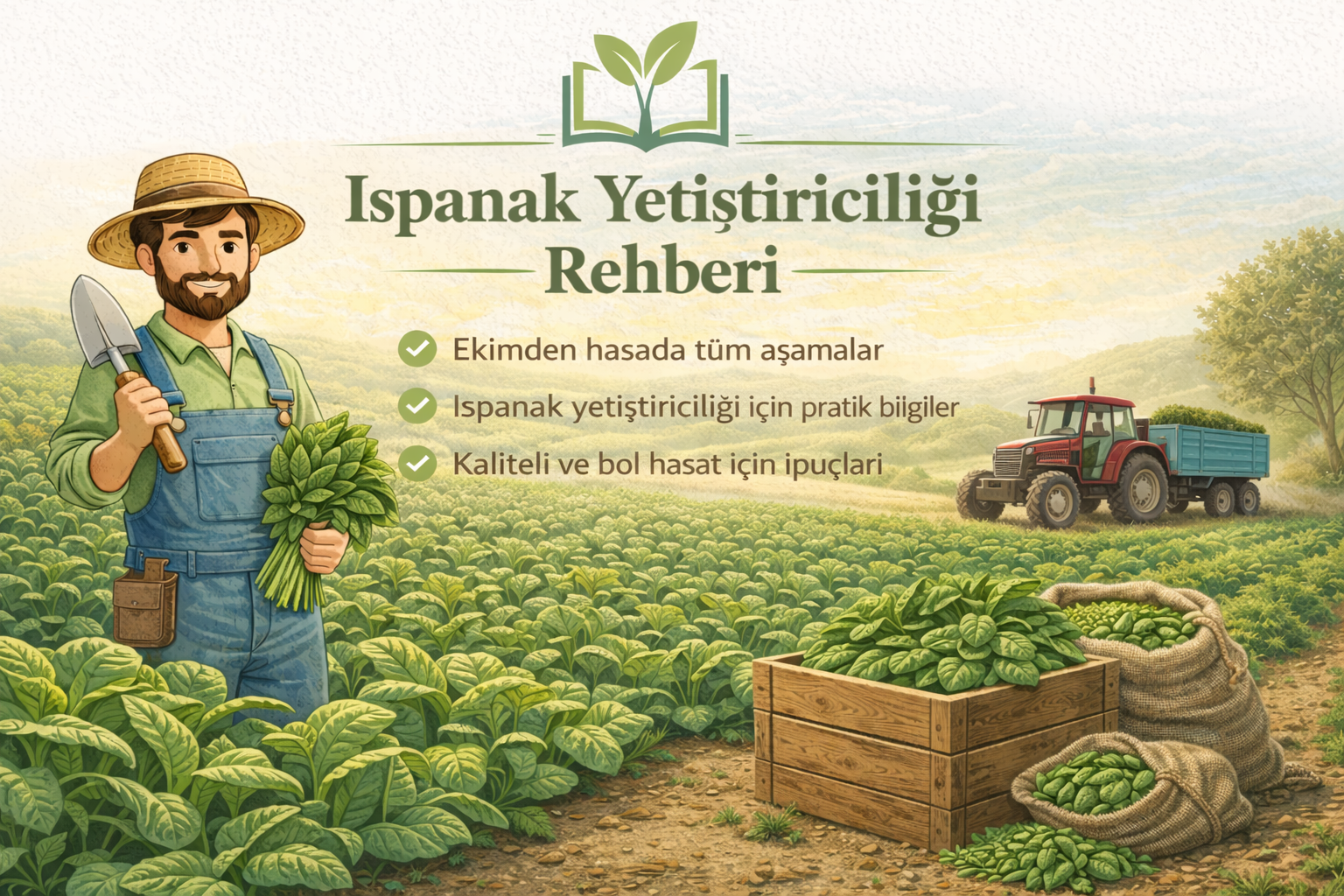 Bu görsel, ıspanak yetiştiriciliğini anlatan bir tarla sahnesini göstermektedir. Taze hasat edilmiş ıspanaklar, üreticinin emeğini ve kaliteli ürün elde etme sürecini temsil etmektedir.