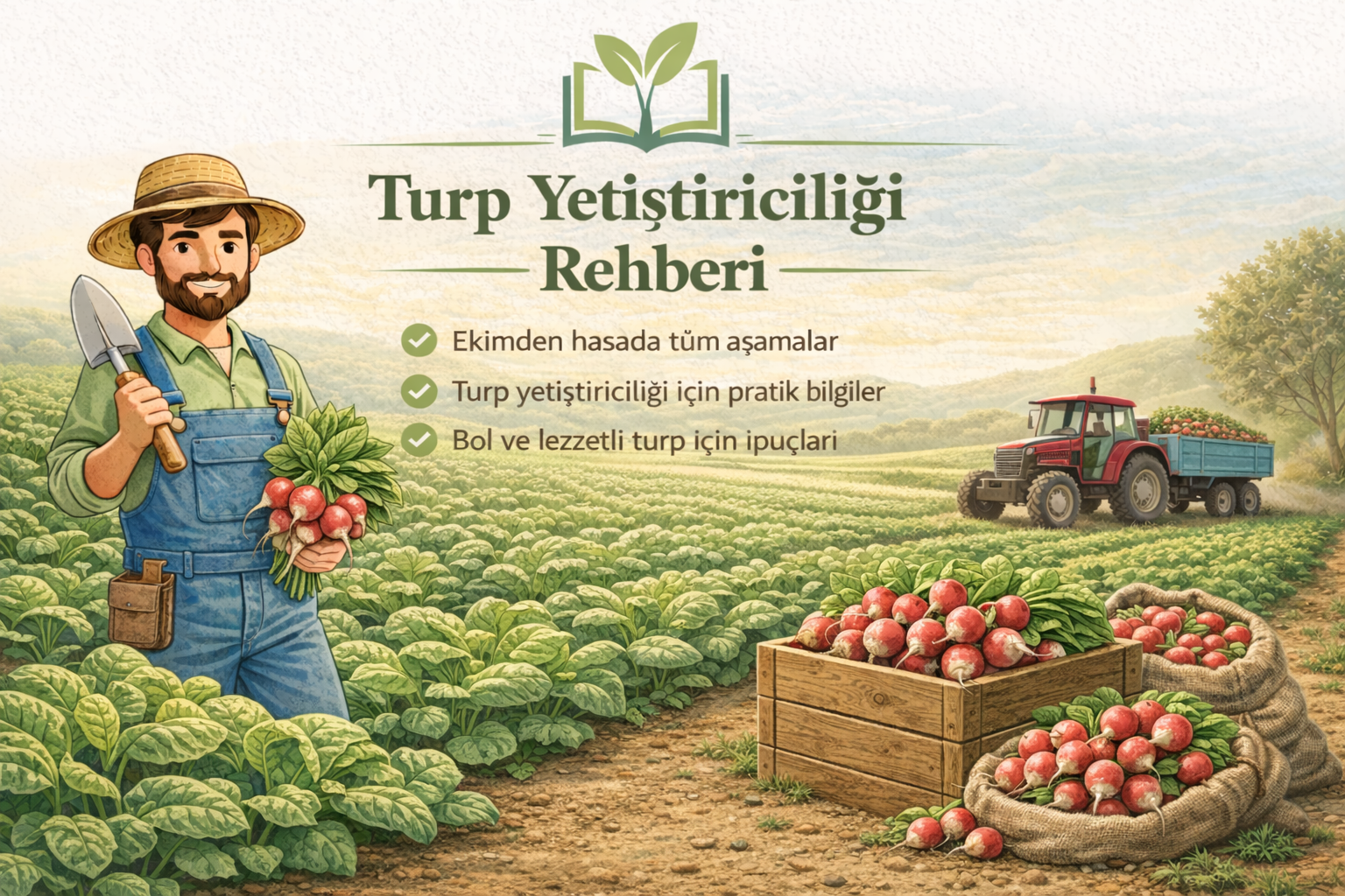 Turp yetiştiriciliği rehberini anlatan bu görselde, turp tarlasında hasat yapan üretici, kasalara doldurulmuş turplar ve tarımsal üretim süreci yer almaktadır.