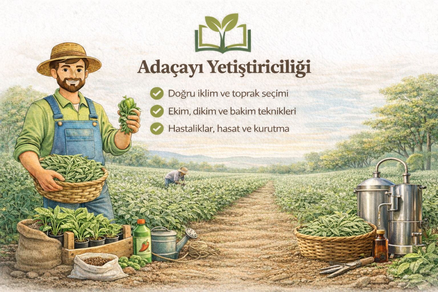 Adaçayı yetiştiriciliği tarlasında hasat, fide ve kurutma sürecini gösteren illüstrasyon