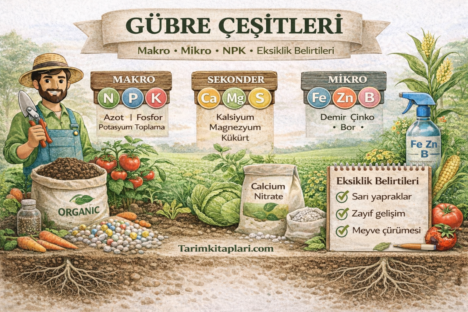 Gübre çeşitleri makro mikro ve NPK besin elementleri şeması