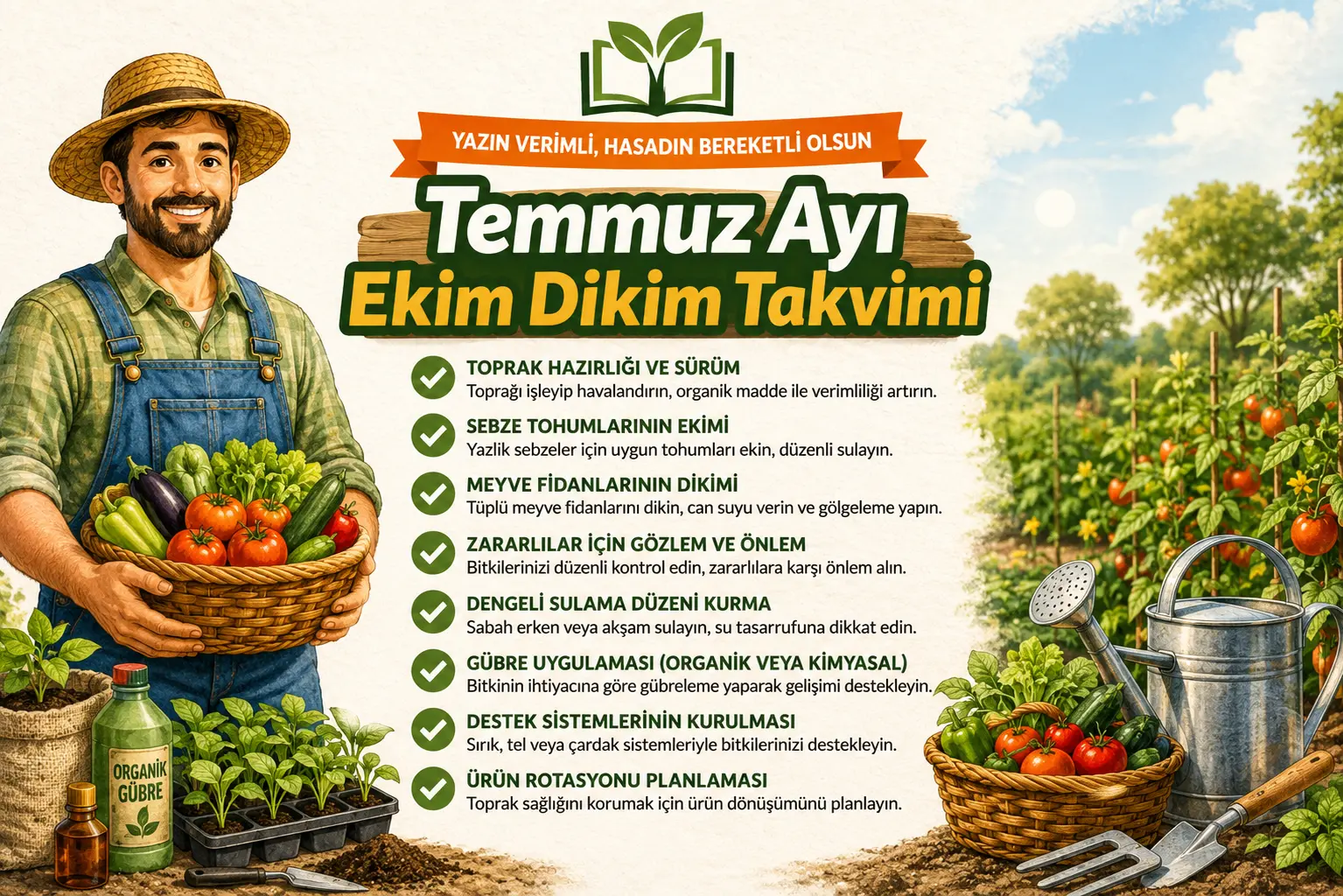 Temmuz ayı ekim dikim takvimini gösteren tarım görseli. Temmuz ayında yapılacak tarımsal işler, sebze ekimi, fidan dikimi ve sulama çalışmaları.